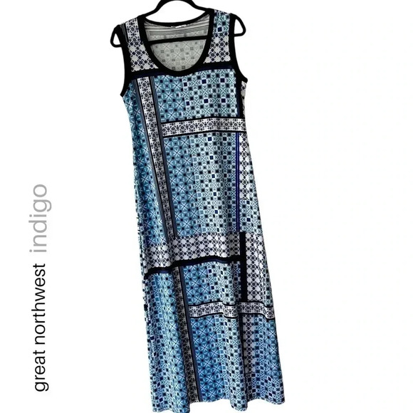 GREAT NORTHWEST INDIGO NWOT SLEEVELESS MAXI DRESS NAVY BLUE WHITE AQUA | MEDIUM - Picture 1 of 10
